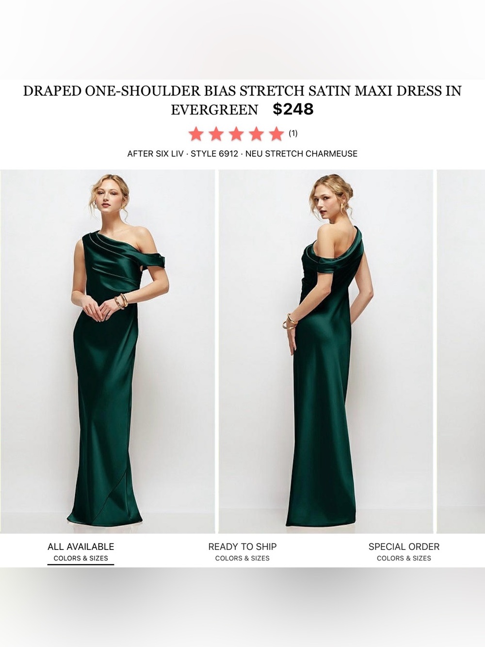 After Six One-Shoulder Draped Satin Gown in Evergreen